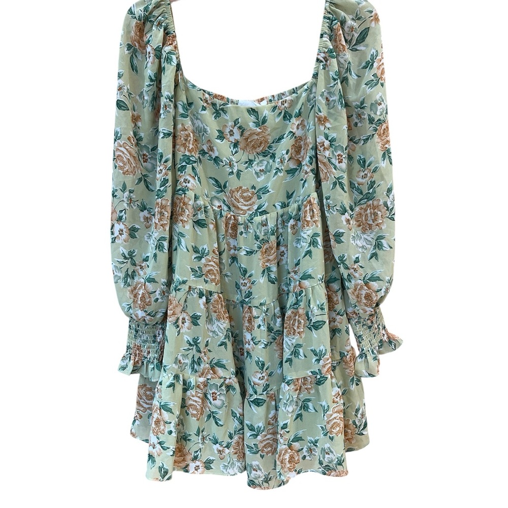 Lush floral green long sleeve dress with smocked back and sleeves